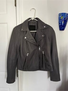 All Saints Grey Dalby Biker Lamb Leather Jacket Size 4